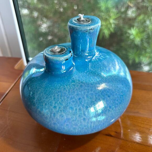 Vintage Latterman Studio Pottery Oil Lamp – Blue Glazed Double Spout, - Picture 3 of 12